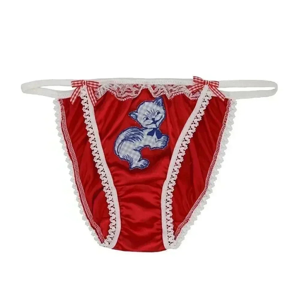 Reworked Red & Blue Kitty Gingham Bow Satin Briefs Size Small honeymoon lingerie - Picture 1 of 3